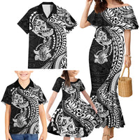 Hawaiian Manta Ray and Hammerhead Shark Tribal Tattoo Family Matching Mermaid Dress and Hawaiian Shirt with Polynesian Tribal Pattern Black-White Color