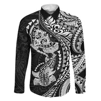 Hawaiian Manta Ray and Hammerhead Shark Tribal Tattoo Family Matching Mermaid Dress and Hawaiian Shirt with Polynesian Tribal Pattern Black-White Color