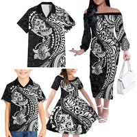 Hawaiian Manta Ray and Hammerhead Shark Tribal Tattoo Family Matching Off The Shoulder Long Sleeve Dress and Hawaiian Shirt with Polynesian Tribal Pattern Black-White Color