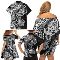 Hawaiian Manta Ray and Hammerhead Shark Tribal Tattoo Family Matching Off Shoulder Short Dress and Hawaiian Shirt with Polynesian Tribal Pattern Black-White Color