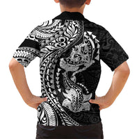 Hawaiian Manta Ray and Hammerhead Shark Tribal Tattoo Family Matching Puletasi and Hawaiian Shirt with Polynesian Tribal Pattern Black-White Color