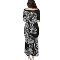 Hawaiian Manta Ray and Hammerhead Shark Tribal Tattoo Family Matching Puletasi and Hawaiian Shirt with Polynesian Tribal Pattern Black-White Color