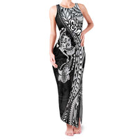 Hawaiian Manta Ray and Hammerhead Shark Tribal Tattoo Family Matching Tank Maxi Dress and Hawaiian Shirt with Polynesian Tribal Pattern Black-White Color