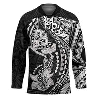 Hawaiian Manta Ray and Hammerhead Shark Tribal Tattoo Hockey Jersey with Polynesian Tribal Pattern Black-White Color