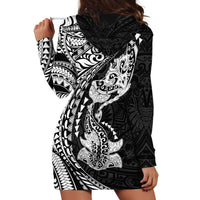 Hawaiian Manta Ray and Hammerhead Shark Tribal Tattoo Hoodie Dress with Polynesian Tribal Pattern Black-White Color