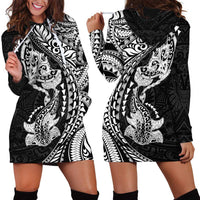 Hawaiian Manta Ray and Hammerhead Shark Tribal Tattoo Hoodie Dress with Polynesian Tribal Pattern Black-White Color