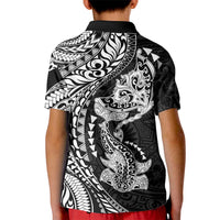 Hawaiian Manta Ray and Hammerhead Shark Tribal Tattoo Kid Polo Shirt with Polynesian Tribal Pattern Black-White Color