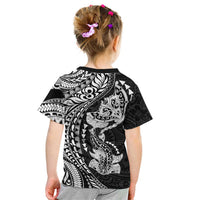 Hawaiian Manta Ray and Hammerhead Shark Tribal Tattoo Kid T Shirt with Polynesian Tribal Pattern Black-White Color