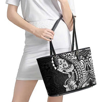 Hawaiian Manta Ray and Hammerhead Shark Tribal Tattoo Leather Tote Bag with Polynesian Tribal Pattern Black-White Color
