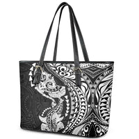 Hawaiian Manta Ray and Hammerhead Shark Tribal Tattoo Leather Tote Bag with Polynesian Tribal Pattern Black-White Color