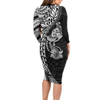 Hawaiian Manta Ray and Hammerhead Shark Tribal Tattoo Long Sleeve Bodycon Dress with Polynesian Tribal Pattern Black-White Color