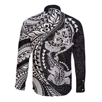 Hawaiian Manta Ray and Hammerhead Shark Tribal Tattoo Long Sleeve Button Shirt with Polynesian Tribal Pattern Black-White Color