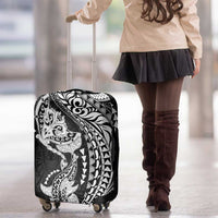 Hawaiian Manta Ray and Hammerhead Shark Tribal Tattoo Luggage Cover with Polynesian Tribal Pattern Black-White Color