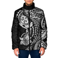 Hawaiian Manta Ray and Hammerhead Shark Tribal Tattoo Padded Jacket with Polynesian Tribal Pattern Black-White Color
