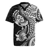Hawaiian Manta Ray and Hammerhead Shark Tribal Tattoo Rugby Jersey with Polynesian Tribal Pattern Black-White Color