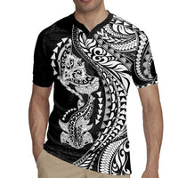 Hawaiian Manta Ray and Hammerhead Shark Tribal Tattoo Rugby Jersey with Polynesian Tribal Pattern Black-White Color