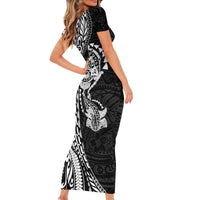 Hawaiian Manta Ray and Hammerhead Shark Tribal Tattoo Short Sleeve Bodycon Dress with Polynesian Tribal Pattern Black-White Color