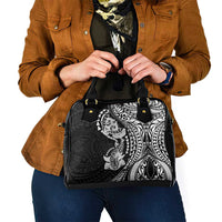 Hawaiian Manta Ray and Hammerhead Shark Tribal Tattoo Shoulder Handbag with Polynesian Tribal Pattern Black-White Color