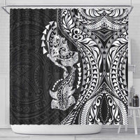 Hawaiian Manta Ray and Hammerhead Shark Tribal Tattoo Shower Curtain with Polynesian Tribal Pattern Black-White Color