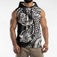 Hawaiian Manta Ray and Hammerhead Shark Tribal Tattoo Sleeveless Hoodie with Polynesian Tribal Pattern Black-White Color