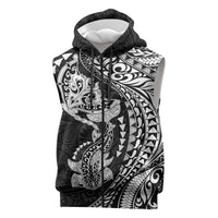 Hawaiian Manta Ray and Hammerhead Shark Tribal Tattoo Sleeveless Zip Hoodie with Polynesian Tribal Pattern Black-White Color