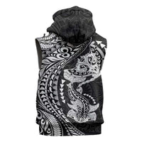 Hawaiian Manta Ray and Hammerhead Shark Tribal Tattoo Sleeveless Zip Hoodie with Polynesian Tribal Pattern Black-White Color