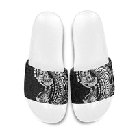 Hawaiian Manta Ray and Hammerhead Shark Tribal Tattoo Slide Sandals with Polynesian Tribal Pattern Black-White Color