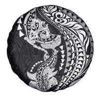 Hawaiian Manta Ray and Hammerhead Shark Tribal Tattoo Spare Tire Cover with Polynesian Tribal Pattern Black-White Color