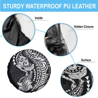 Hawaiian Manta Ray and Hammerhead Shark Tribal Tattoo Spare Tire Cover with Polynesian Tribal Pattern Black-White Color