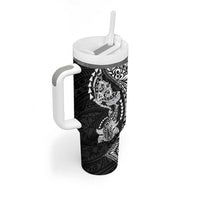 Hawaiian Manta Ray and Hammerhead Shark Tribal Tattoo Tumbler With Handle with Polynesian Tribal Pattern Black-White Color
