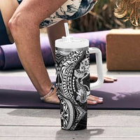 Hawaiian Manta Ray and Hammerhead Shark Tribal Tattoo Tumbler With Handle with Polynesian Tribal Pattern Black-White Color