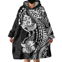 Hawaiian Manta Ray and Hammerhead Shark Tribal Tattoo Wearable Blanket Hoodie with Polynesian Tribal Pattern Black-White Color