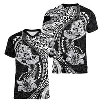 Hawaiian Manta Ray and Hammerhead Shark Tribal Tattoo Women V-Neck T-Shirt with Polynesian Tribal Pattern Black-White Color