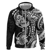 Hawaiian Manta Ray and Hammerhead Shark Tribal Tattoo Zip Hoodie with Polynesian Tribal Pattern Black-White Color