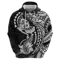 Hawaiian Manta Ray and Hammerhead Shark Tribal Tattoo Zip Hoodie with Polynesian Tribal Pattern Black-White Color