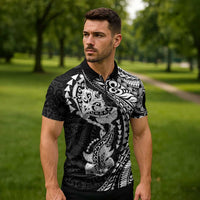 Hawaiian Manta Ray and Hammerhead Shark Tribal Tattoo Zipper Polo Shirt with Polynesian Tribal Pattern Black-White Color