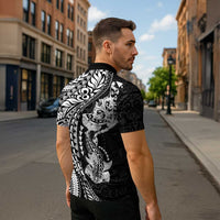 Hawaiian Manta Ray and Hammerhead Shark Tribal Tattoo Zipper Polo Shirt with Polynesian Tribal Pattern Black-White Color