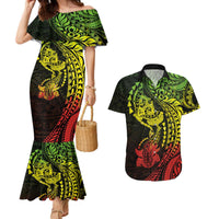 Hawaiian Manta Ray and Hammerhead Shark Tribal Tattoo Couples Matching Mermaid Dress and Hawaiian Shirt with Polynesian Tribal Pattern Reggae Style