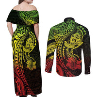 Hawaiian Manta Ray and Hammerhead Shark Tribal Tattoo Couples Matching Off Shoulder Maxi Dress and Long Sleeve Button Shirt with Polynesian Tribal Pattern Reggae Style