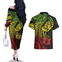 Hawaiian Manta Ray and Hammerhead Shark Tribal Tattoo Couples Matching Off The Shoulder Long Sleeve Dress and Hawaiian Shirt with Polynesian Tribal Pattern Reggae Style