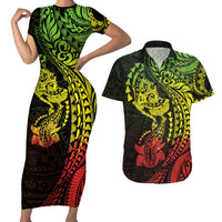 Hawaiian Manta Ray and Hammerhead Shark Tribal Tattoo Couples Matching Short Sleeve Bodycon Dress and Hawaiian Shirt with Polynesian Tribal Pattern Reggae Style