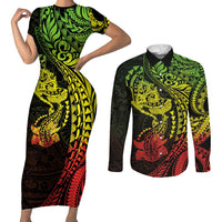 Hawaiian Manta Ray and Hammerhead Shark Tribal Tattoo Couples Matching Short Sleeve Bodycon Dress and Long Sleeve Button Shirt with Polynesian Tribal Pattern Reggae Style
