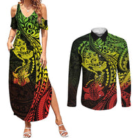 Hawaiian Manta Ray and Hammerhead Shark Tribal Tattoo Couples Matching Summer Maxi Dress and Long Sleeve Button Shirt with Polynesian Tribal Pattern Reggae Style