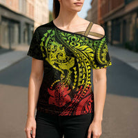 Hawaiian Manta Ray and Hammerhead Shark Tribal Tattoo Cross Shoulder Shirt with Polynesian Tribal Pattern Reggae Style