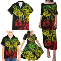 Hawaiian Manta Ray and Hammerhead Shark Tribal Tattoo Family Matching Puletasi and Hawaiian Shirt with Polynesian Tribal Pattern Reggae Style