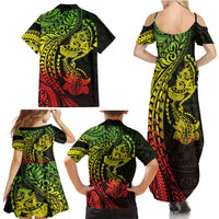 Hawaiian Manta Ray and Hammerhead Shark Tribal Tattoo Family Matching Summer Maxi Dress and Hawaiian Shirt with Polynesian Tribal Pattern Reggae Style
