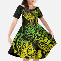 Hawaiian Manta Ray and Hammerhead Shark Tribal Tattoo Kid Short Sleeve Dress with Polynesian Tribal Pattern Reggae Style