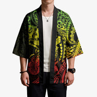 Hawaiian Manta Ray and Hammerhead Shark Tribal Tattoo Kimono with Polynesian Tribal Pattern Reggae Style
