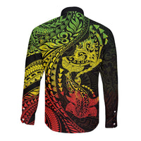 Hawaiian Manta Ray and Hammerhead Shark Tribal Tattoo Long Sleeve Button Shirt with Polynesian Tribal Pattern Reggae Style LT03 - Polynesian Pride