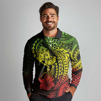 Hawaiian Manta Ray and Hammerhead Shark Tribal Tattoo Long Sleeve Polo Shirt with Polynesian Tribal Pattern Reggae Style